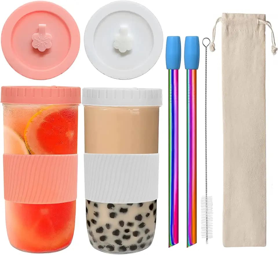 Bubble Tea Becher mit Strohhalmen 2 Stück,Smoothie Becher,Wiederverwendbare Mason Jar Glas für Getränke,Für Kaffee, Milchshakes, Säfte, Smoothies, Bier, Getränke(Rosa, weiß)