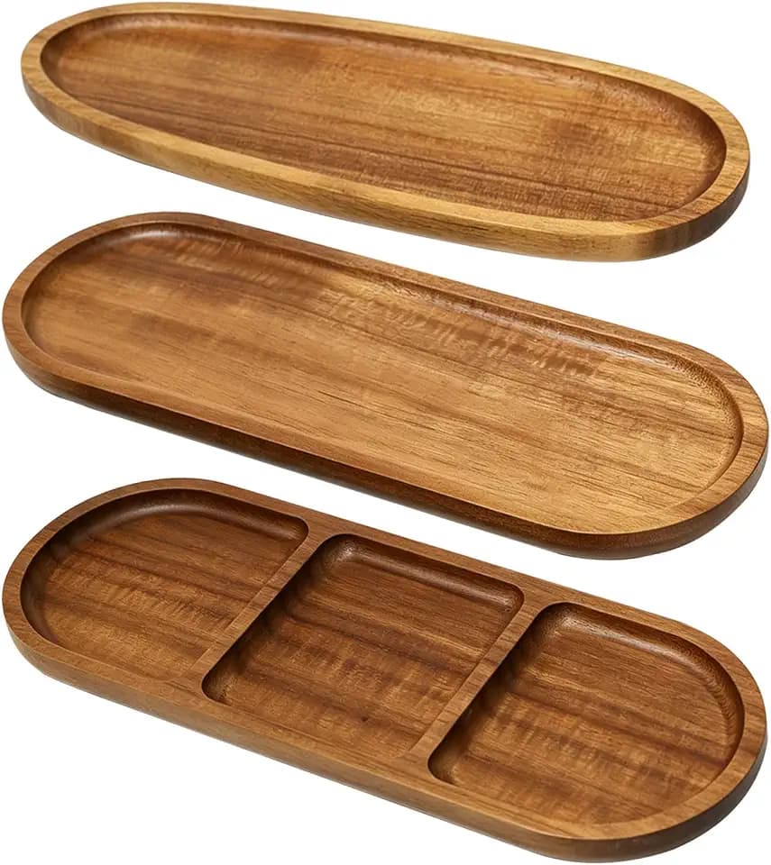 3 Stück Ovale Holztabletts Deko, Tablett Akazienholz Oval, 3 Modelle
