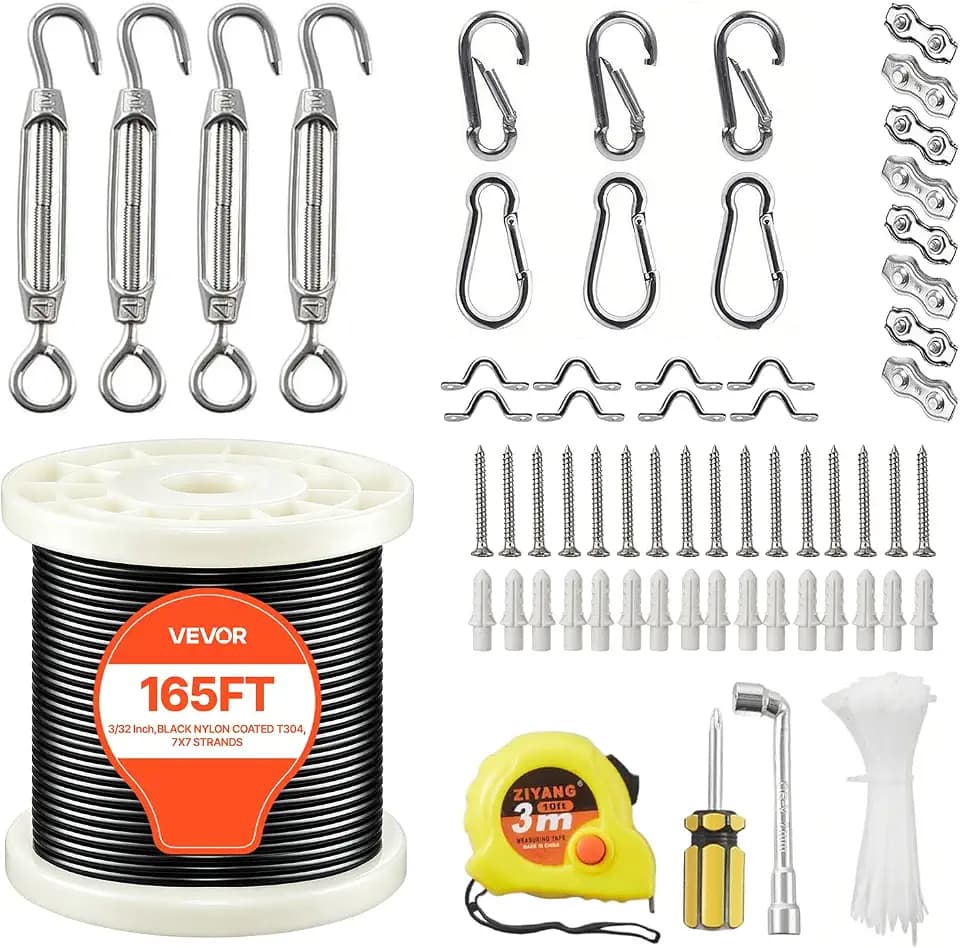 VEVOR String Light Hanging Kit, 165 ft 304 7 x 7 3/32 Inch Stainless Steel Wire Cable, 450 lbs Breaking Strength, Steel Cable for Deck Railing System, Garden Trellis, String Lights