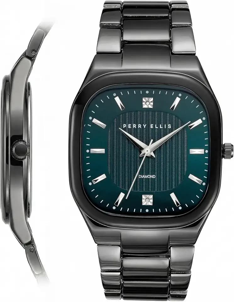 Perry Ellis Ultra Slim Men’s Watch – Cushion 40mm Case, Hydraulic Press Center Dial with Sunray Finish, Two 0.9mm Diamond Accents, Alloy Bracelet