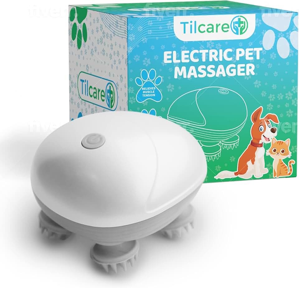 Elektrisches Handmassagegerät für Hunde und Katzen von Tilcare - Kopf- und Rückenkratzer zur Linderung von Verspannungen, Muskelverspannungen und Steifheit mit vier rotierenden Massageköpfen
