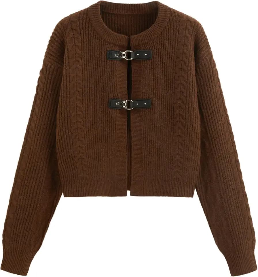 CIDER Cardigan Sweater for Women Round Neck Buckle Sweater Knitted Crop Top Long Sleeve Open Front Outerwear