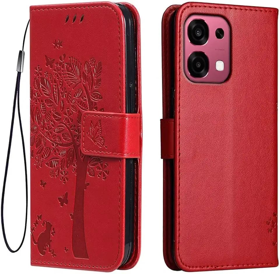 Topme Leder Tasche Hülle für Oppo A6 Pro 5G (6.57" Inches), [Katzen- Und Baummuster-Stil Handytasche] - Rot