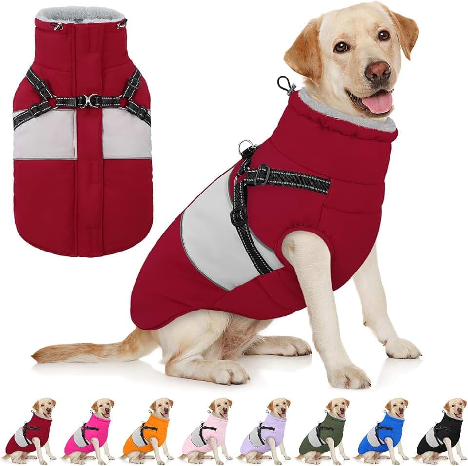AOFITEE Dog Coat with Harness Waterproof Dog Winter Jacket for Large Dogs