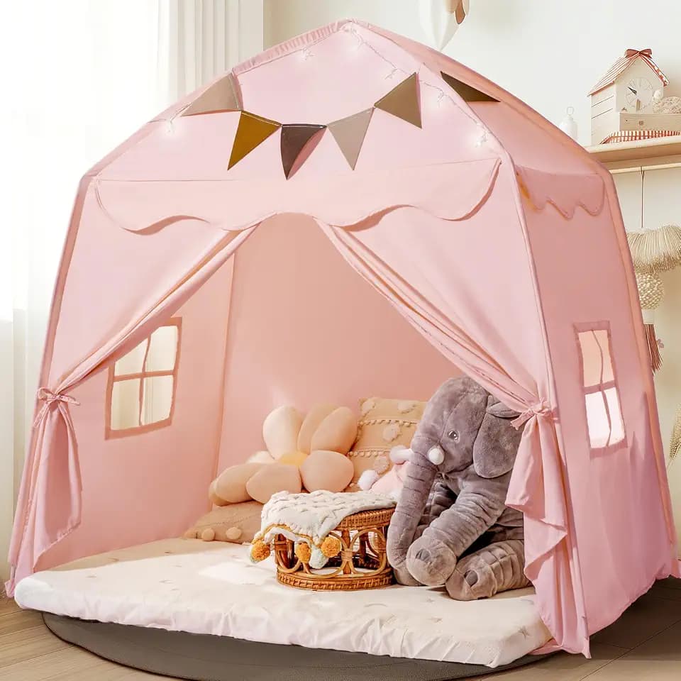 Little Dove Extra Large Kids Play Tent with Flags & Star Lights, Portable & Foldable Teepee Tents, Dome Tent Playhouse for Indoor & Outdoor Use, Kids Tent for Boys & Girls, 59x39x59 in, Pink