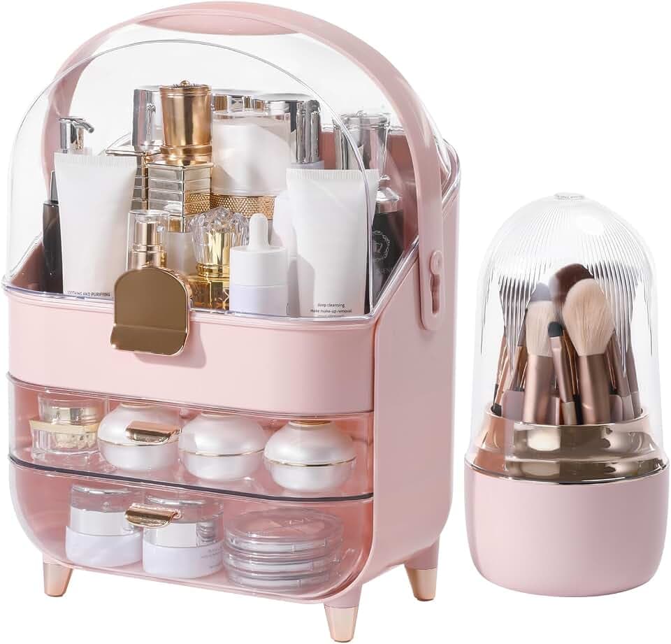 Makeup Organizer for Vanity with Brush Holder, Lid and 2 Drawers, Pink