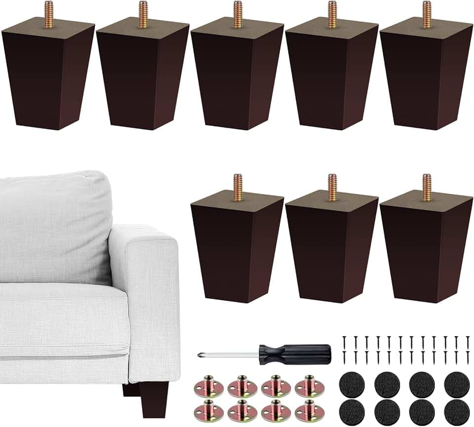 TURSTIN Set of 8 Furniture Legs 3 Inch Square Solid Wood Couch Legs Replacement Sofa Legs Mid Century Furniture Feet for Armchair Bed Dresser Cabinet Include Installation Hardware, Brown