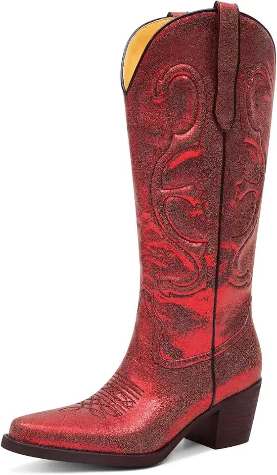 Womens Cowboy Boots Embroidered Cowgirl Mid Calf Boots, Mid Calf Chunky Block Heel Pull On Western Boots