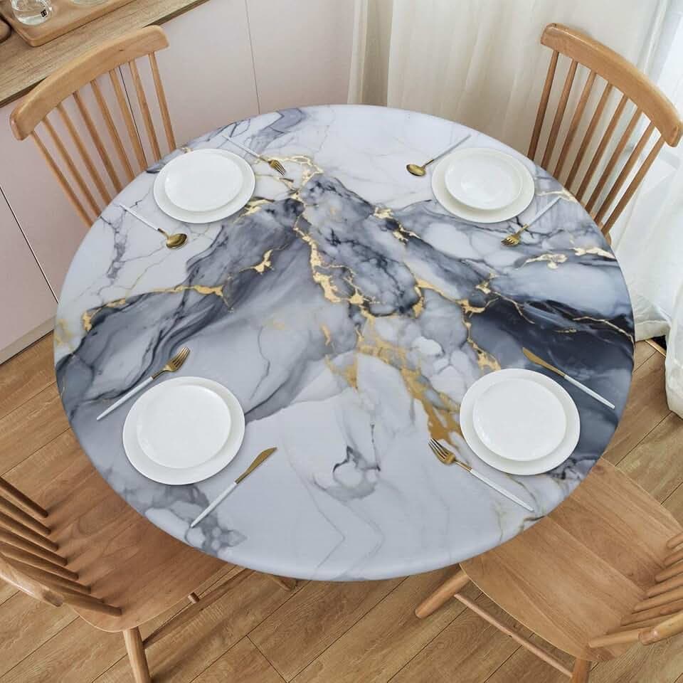 Grey White Gold Marble Round Tablecloth with Elastic Edge Table Cover Waterproof Reusable Table Cloth for Holiday Kitchen Party Patio,M(45"-50")