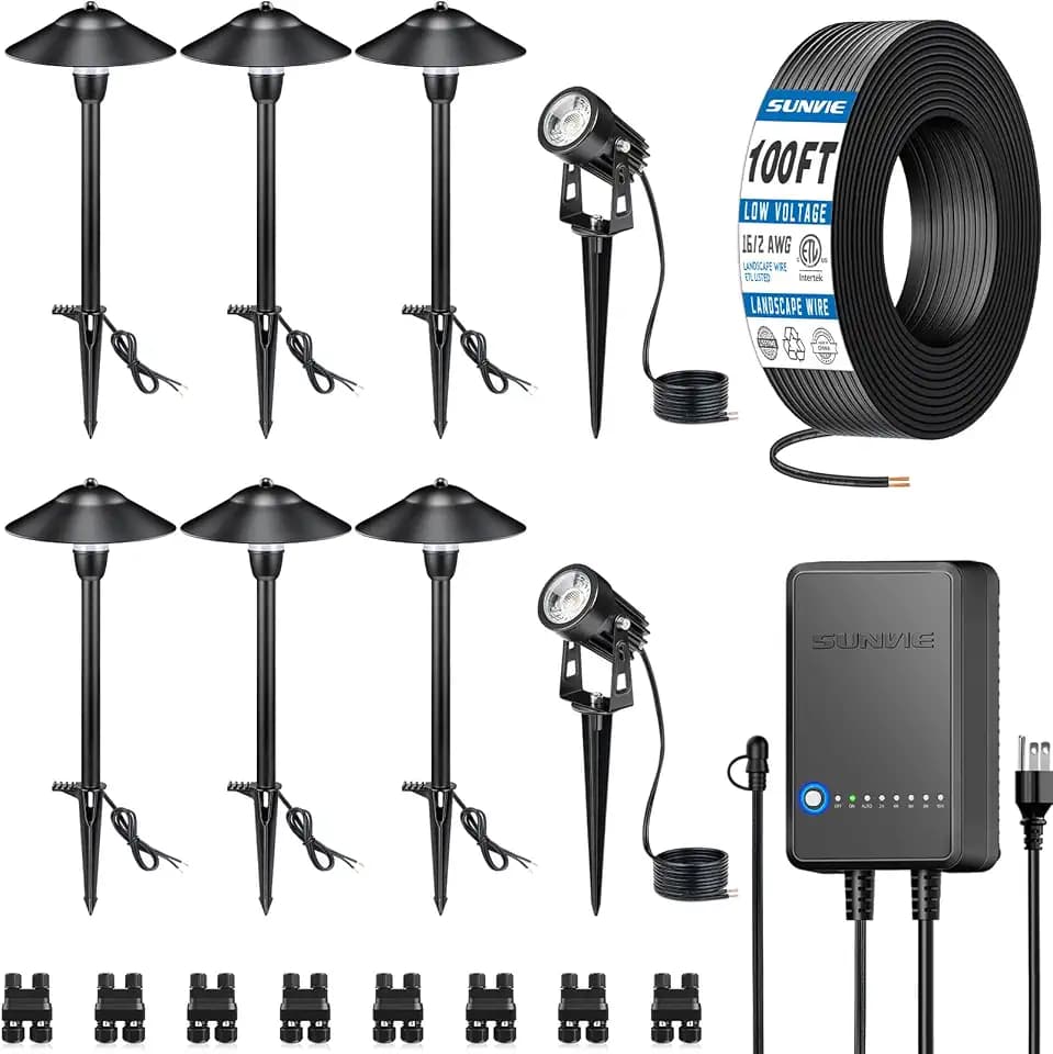 SUNVIE All-in-One LED Low Voltage Landscape Lighting Kit 6 Pathway Lights 2 Spotlights with 60W Photocell Transformer 100FT Wire for Path&Garden, Aluminum, ETL Listed, Dusk to Dawn, Waterproof, 3000K