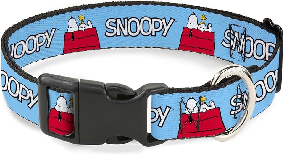 Peanuts Worldwide LLC Hundehalsband, Kunststoffschnalle, Peanuts Snoopy und Woodstock Hundehütte, Pose und Text, Himmelblau, 17,8 bis 21,6 cm, 1,3 cm breit