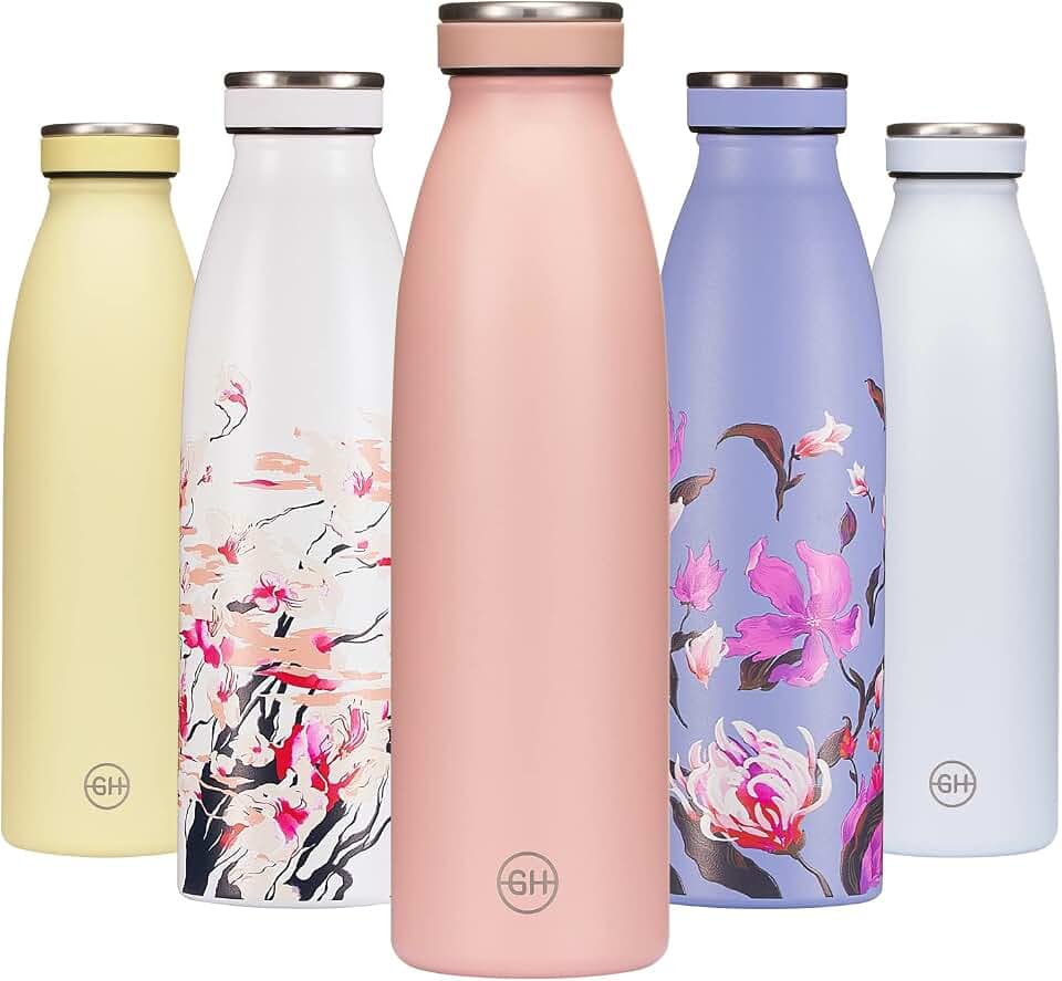 for GH Trinkflasche Edelstahl 500ml Pfirsichpunsch | Wiederverwendbare Vakuum Metall Thermoskanne Wasserflasche | Isolierte Thermosflasche | BPA-freie Isolierflasche für Sport, Office