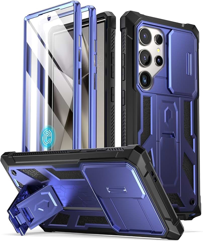 Poetic Spartan Hülle Kompatibel mit Galaxy S24 Ultra 5G 6,8", [SchiebekameraAbdeckung][Displayschutz funktioniert mit Fingerabdruck-ID] Stoßfeste Hülle in Militärqualität mit Ständer, Mitternachtsblau