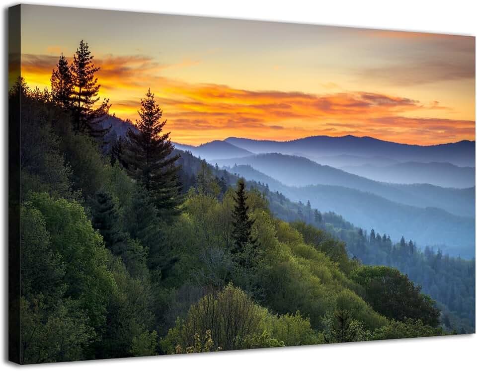 Large Nature Wall Art Great Smoky Mountains Canvas Pictures for Bedroom National Park Foggy Forest Wood Framed Painting Sunrise Photo Artwork Misty Landscape Living Room Dinner Home Decorations 32x48