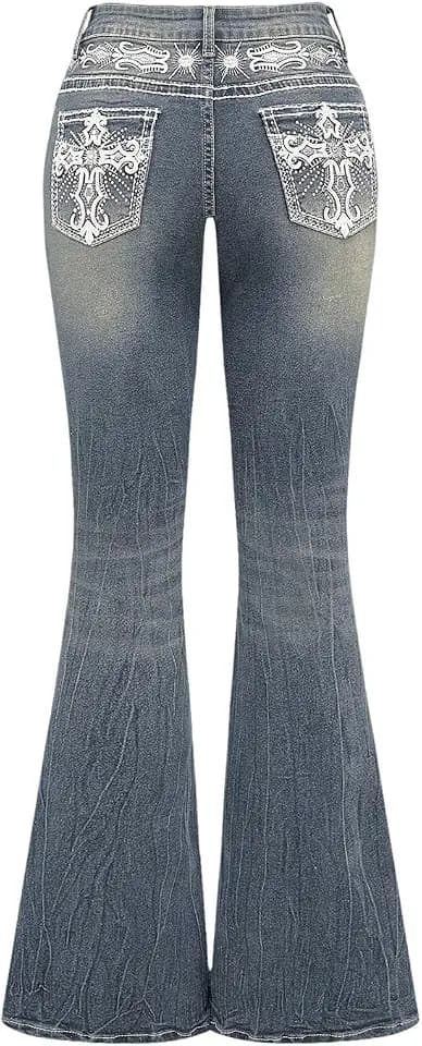 SOLY HUX Women's Bell Bottom Jeans Embroidery Y2k Stretch Flare Denim Pants