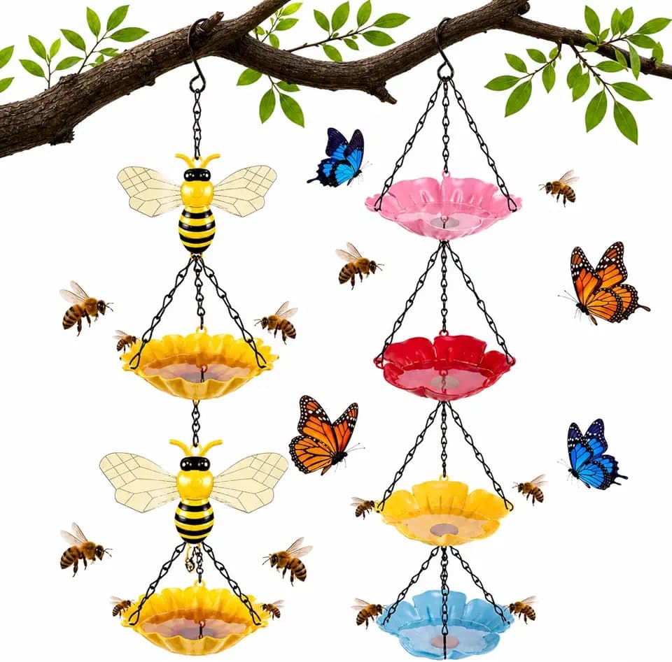 2 Pcs Hanging Bird Bath, Bee Water Station, Bees & Flower