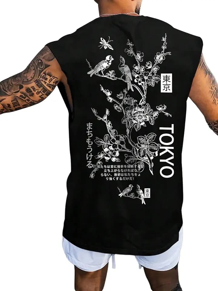 WDIRARA Men's Letter Floral Graphic Tank Top Crew Neck Sleeveless T Shirts