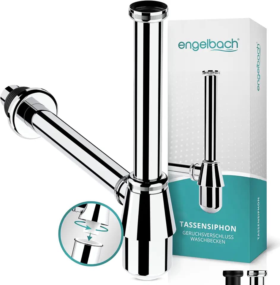 Engelbach® Siphon Waschbecken mit Reinigungsöffnung - Universal Tassensiphon 1 1/4 - Abflussrohr, Flaschensiphon, Syphon inkl. Gummimanschette und Anleitung