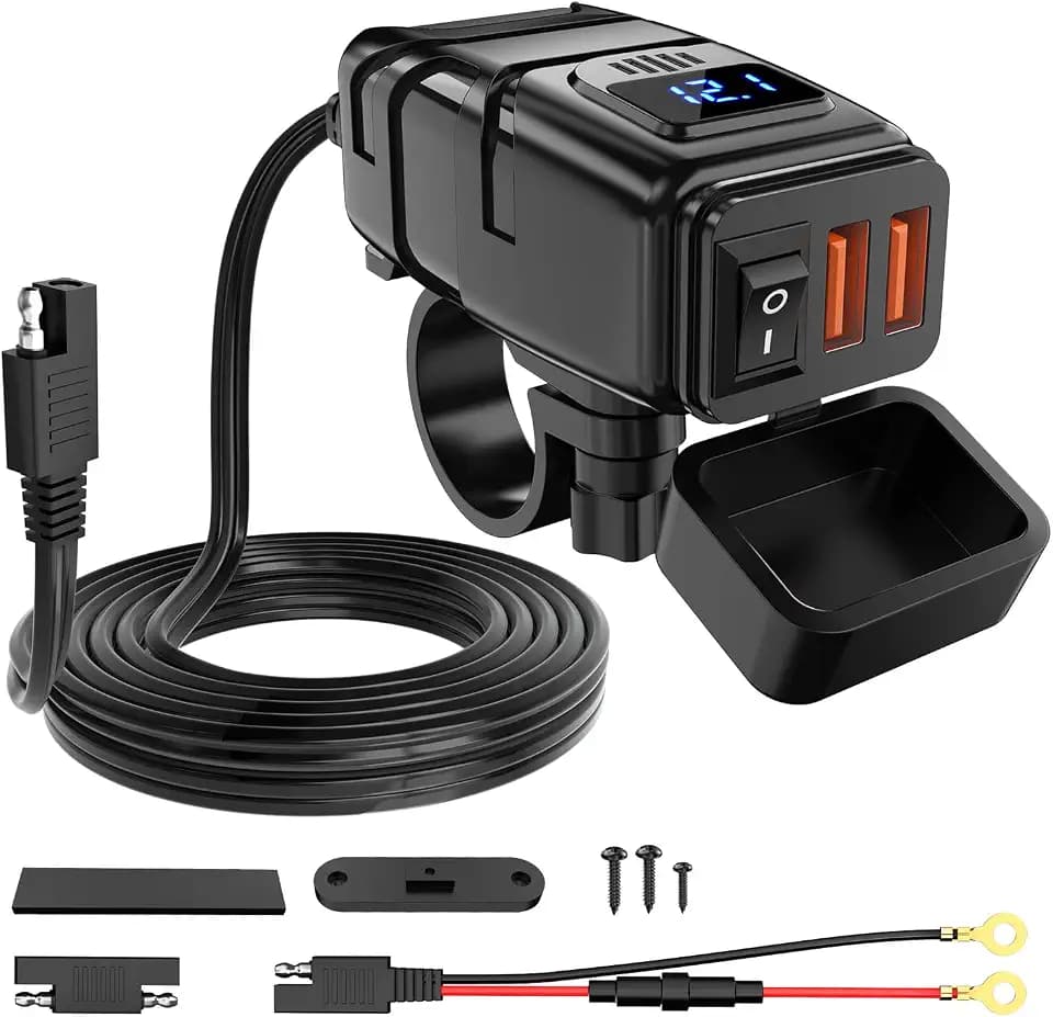 Nilight Motorcycle Charger with 12V Voltmeter Independent On Off Switch SAE USB Adapter Inline 10A Fuse Waterproof 6.8A Dual QC3.0 Fast Charging Phone Tablet for 7/8inch Handlebar ATV