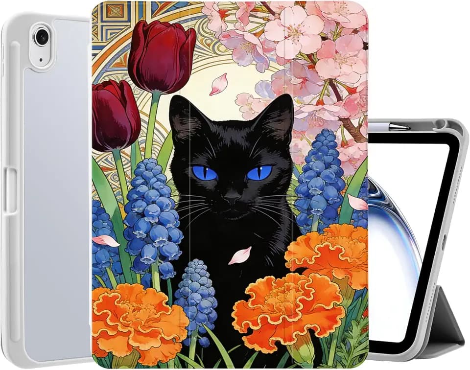 Black Cat Kitten Flowers Case for iPad A16 11th Generation 11 Inch 2025, iPad 10th Generation 10.9 Inch 2022 Case with Pencil Holder, Cute Design Clear Acrylic Back Cover Auto Sleep/Wake Shell