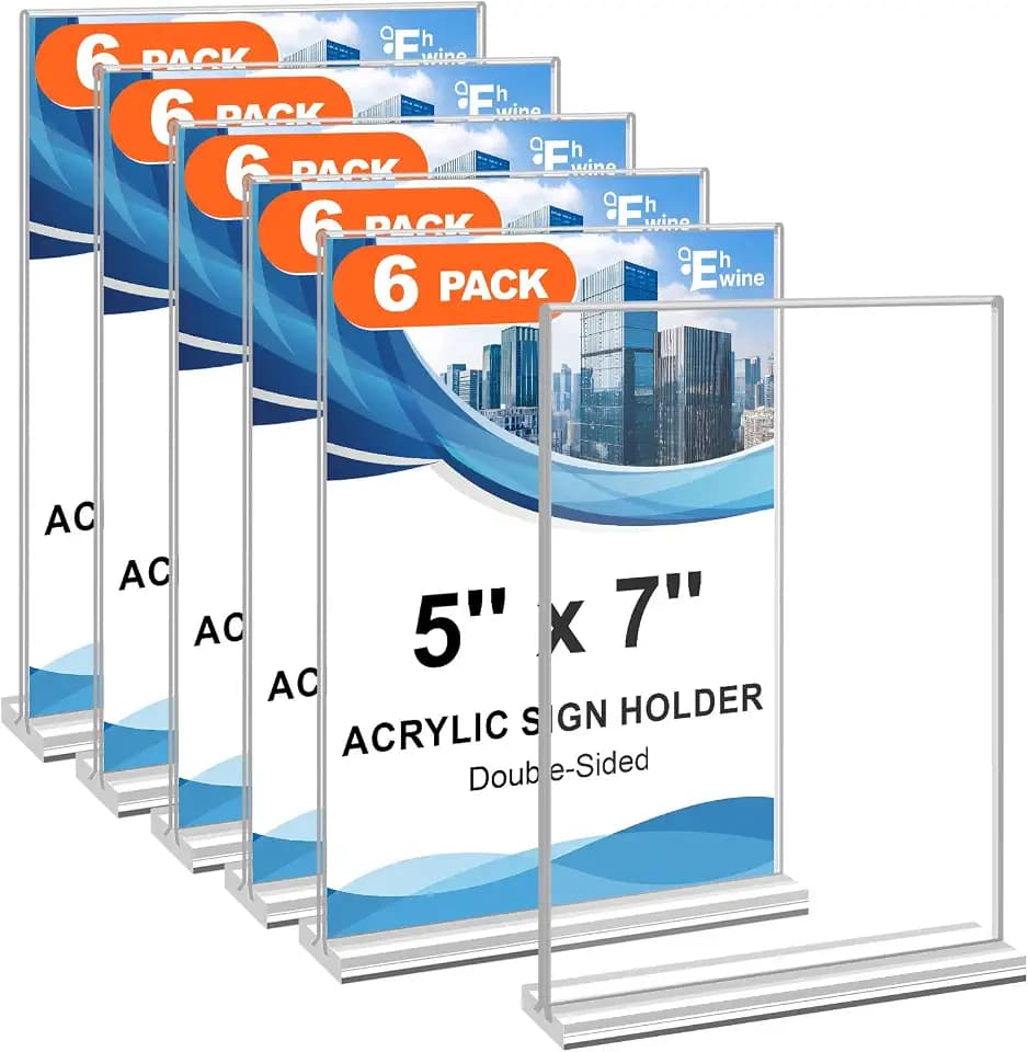EHWINE 6 Pack Acrylic Sign Holders - 5 x 7, Double-Sided Stand Up Table Top Sign Holders, Clear Acrylic Picture Frame Menu Flyer Paper Display Stand for Office Business Store Wedding Party