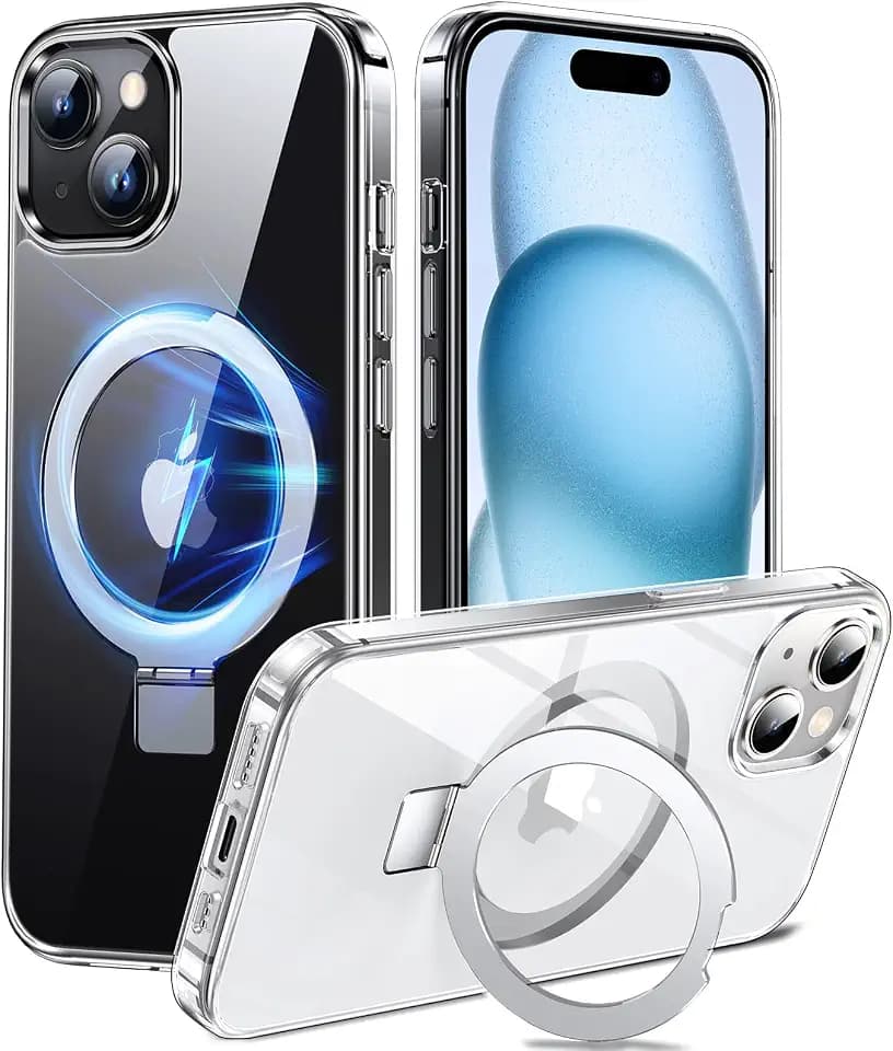 Chicfun 3-in-1 [Magnetic+Kickstand+Ring Holder] for iPhone 15 Case Stand Ring Holder Compatible with MagSafe, Magnetic Military Shockproof Protective iPhone 15 Phone Case Kickstand Cover Clear