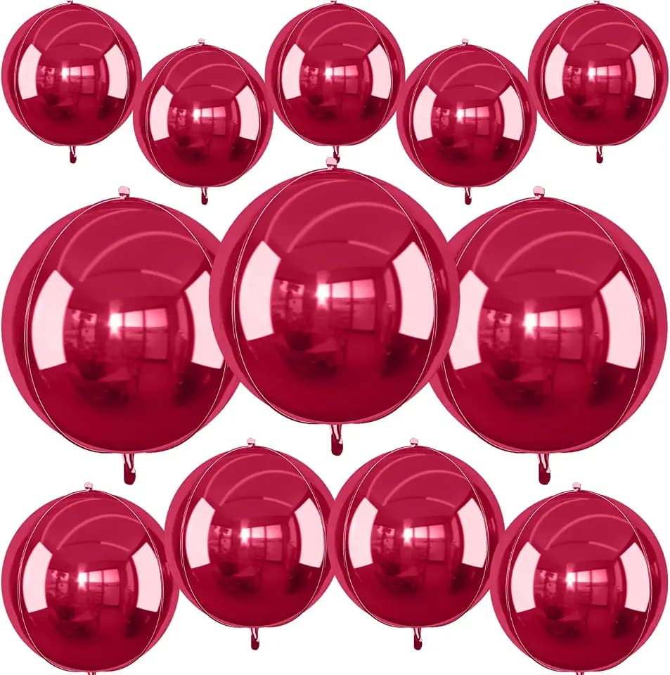 12PCS Burgundy Red Round Foil Balloons 22" 15" 10" Large Chrome Red Balloon