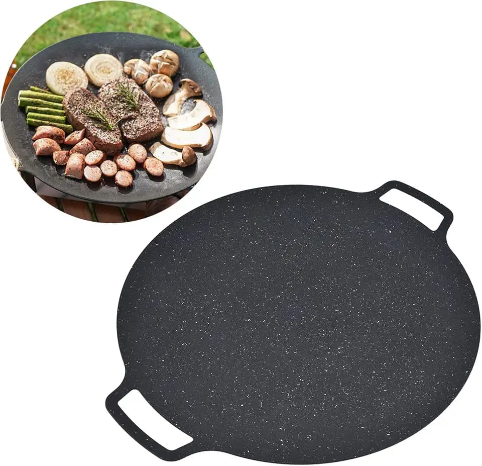 TOPINCN Koreanische BBQ-Grillpfanne, Gusseisen-Antihaft-Grillplatte, Runde Grillfläche für Schweinebauch-Pfannkuchen im Freien (30 cm, Schwarz)