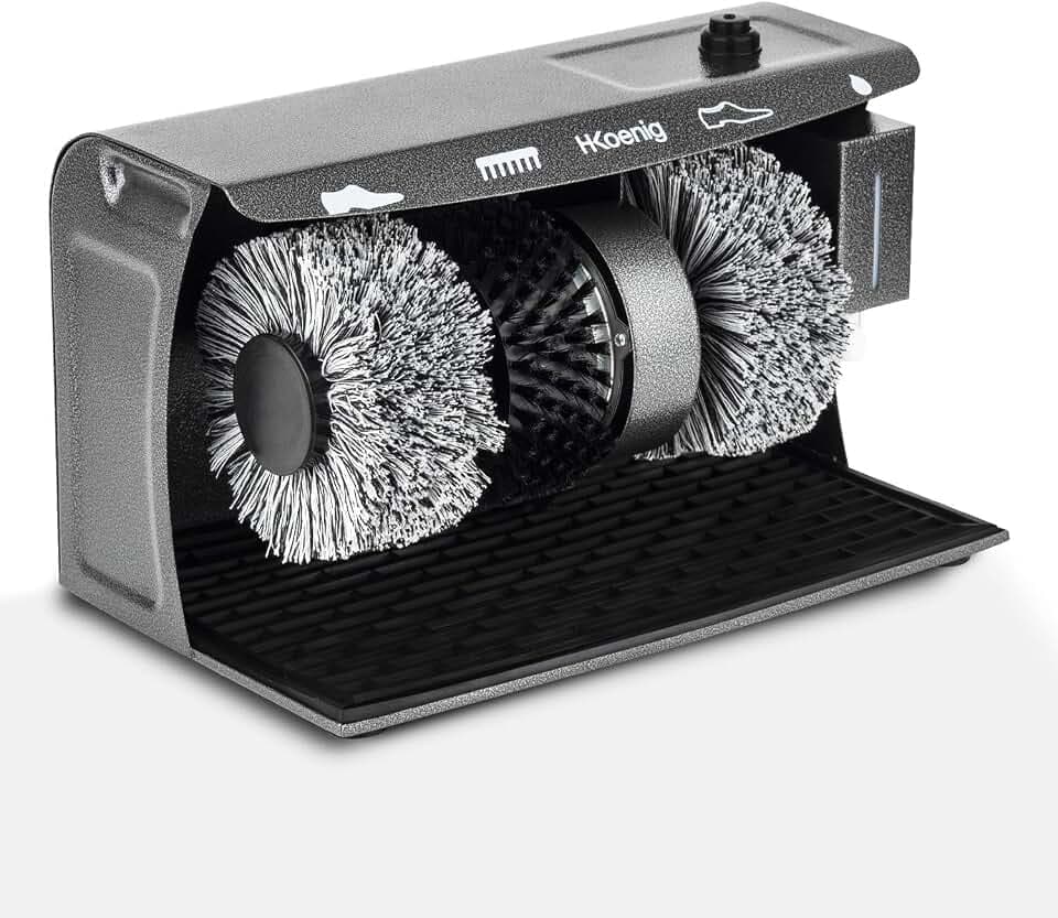 H.Koenig Elektrische Schuhputzmaschine U600, Poliermaschine, mit Flüssigwachs-Spender und Polierbürsten mit weichen Borsten und Reinigungsbürste mit harten Borsten, Fußstütze, 120W