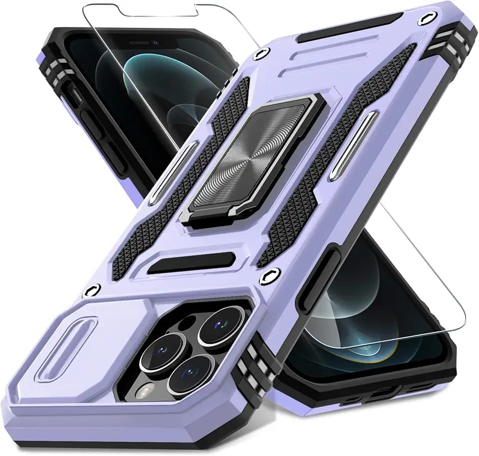 DEERLAMN Case for iPhone 13 Pro Max with Slide Camera Cover+Screen Protector(1 Pack),Rotated Ring Kickstand Military Grade Shockproof Protective Cover 6.7 Inch-Light Purple