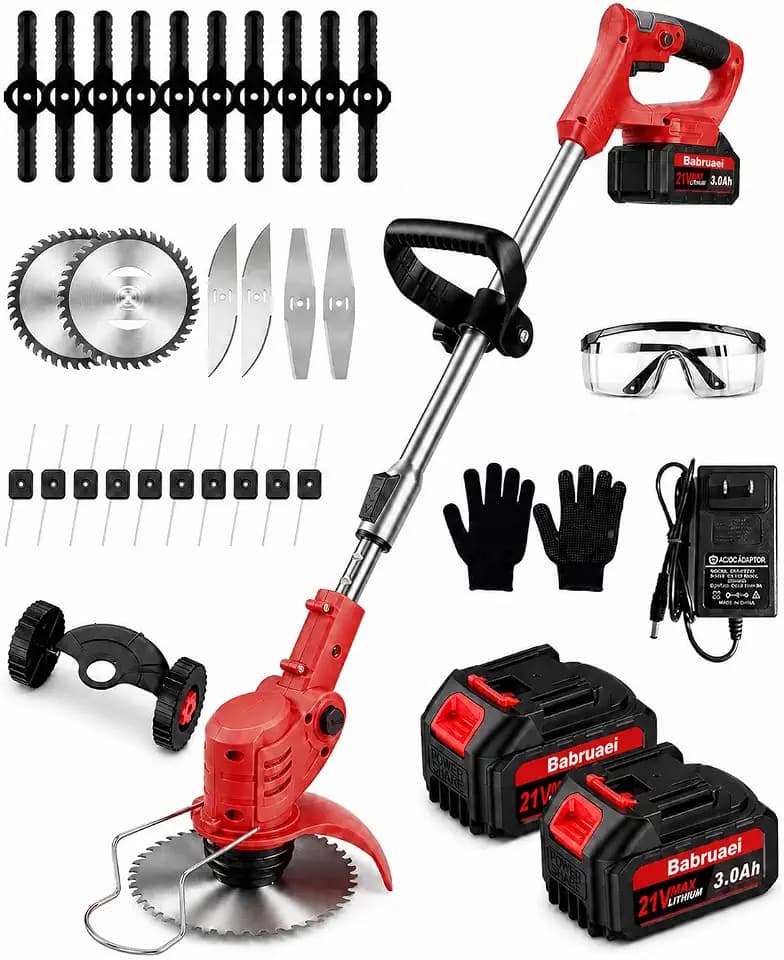 21V Akku Rasentrimmer, 2 x3,0Ah Akku und Ladegerät, 2 in 1 Elektrischer Freischneider/Rasentrimmer mit Akku, Leichter Rasenkantenschneider mit, 5 Messerarten für Rasen, Garten