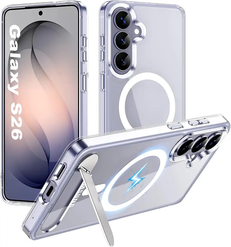 Hualele Magnetic for Samsung Galaxy S26 Case with Metal Stand, [Fit for MagSafe] [Military Grade Drop Protection] Shockproof Kickstand Translucent Slim Phone Case for S26, Clear