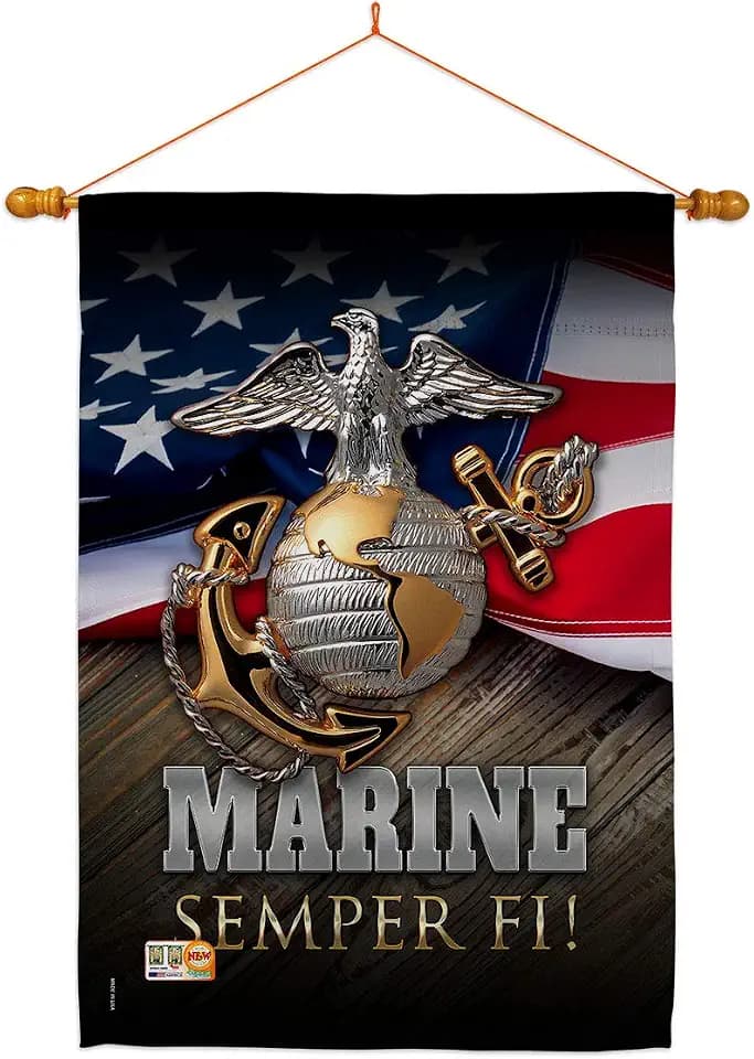 HS137034-BO-03 Marine Semper Fi Americana Military Decorative Vertical House Flag Set, 28"x 40" w/Flagpole, Multi-Color