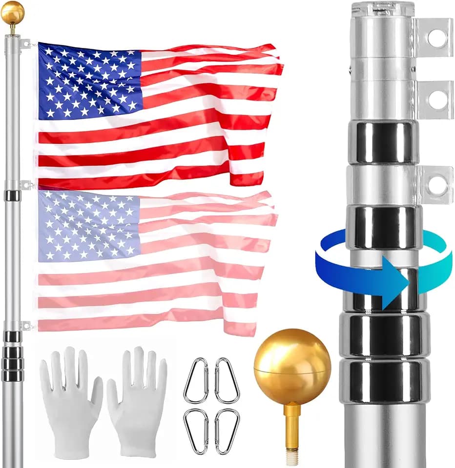 VEVOR 30FT Telescoping Flagpole Kit, Heavy Duty Aluminum Alloy in Ground Flag Poles for Outside, 3 Display Modes with 3x5 American Flag, Professional Accessories, Silver