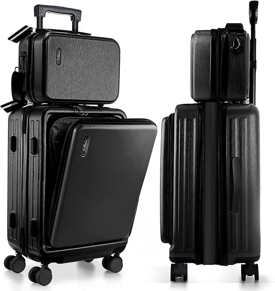 TravelArim 22 Inch Carry On Luggage, Carry On Suitcase with Wheels, Hardside Luggage Carry-On, Expandable Black Small Suitcase, Hard Shell Carry-on Luggage, Spinner Luggage with Cosmetic Bag