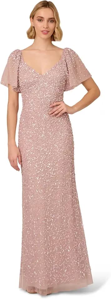 Adrianna Papell Women's Beaded Mesh Long Dress