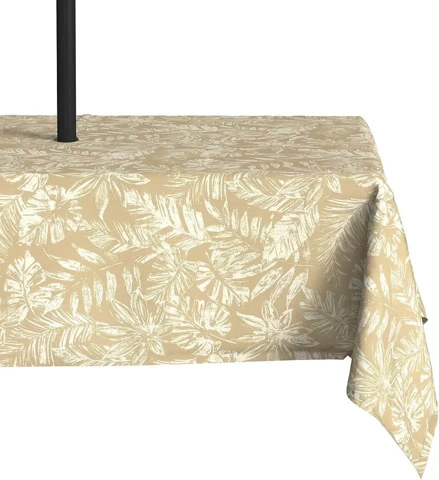LVTXIII Rectangle Outdoor Tablecloth with Umbrella Hole and Zipper, Water-Repellent 60 x 84 Inch Patio Table Cover for Picnic, Garden, Backyard Dining, Tropical Leaf Oat