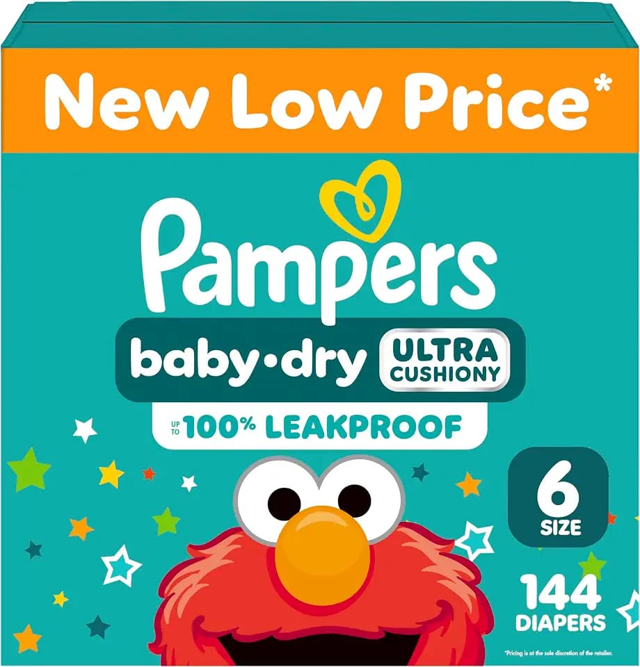 Pampers Baby Dry Ultra Cushiony Diapers, Size 6 (23-44 lbs), 144 Count, Up to 100% Leakproof