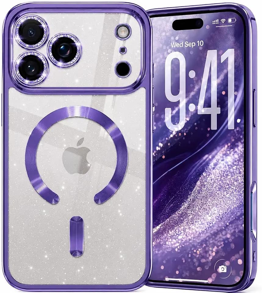 Glitter for iPhone 17 Pro Max Case with Eye-catching Integrated Lens Protection, [Sparkly Bling Back Panel] [Seamless Work with Magsafe] Cute Women Girly Magnetic Case for iPhone 17 Pro Max Purple