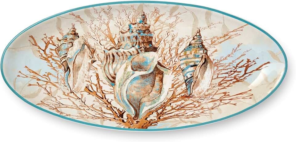 Escape to the Sea 19.5x8.5-Inch Fish Platter, Coastal Seashell & Coral Design, Durable Ceramic, Dishwasher Safe, Elegant Ocean-Inspired Serving Tray for Seafood, Appetizers & Desserts