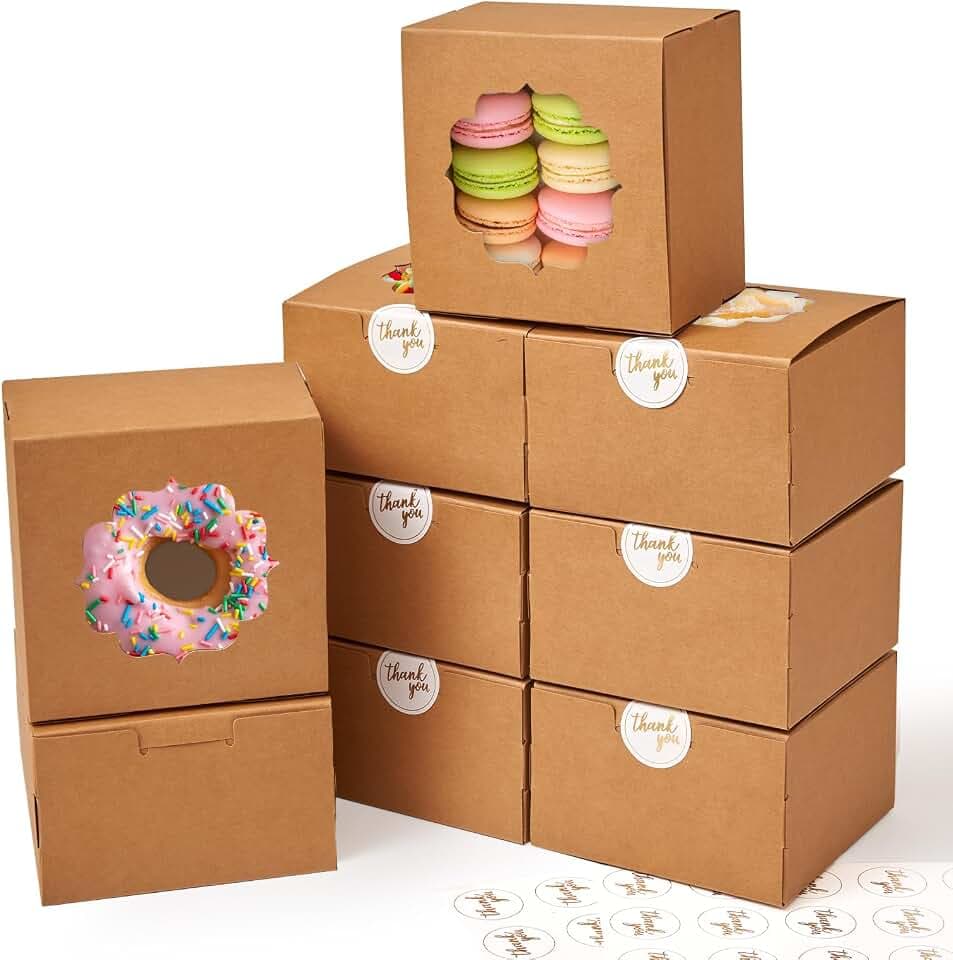 4-Inch Small Cookie Boxes 25Pcs Brown - Bakery Treat Boxes with Window for Gifting, To-go Containers Paper for Cake Slice, Macarons, Donuts 4x4x2.5