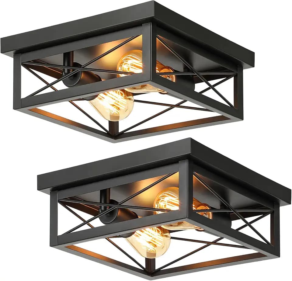 Kondras Modern 2-Light Industrial Square Flush Mount Ceiling Light, Black