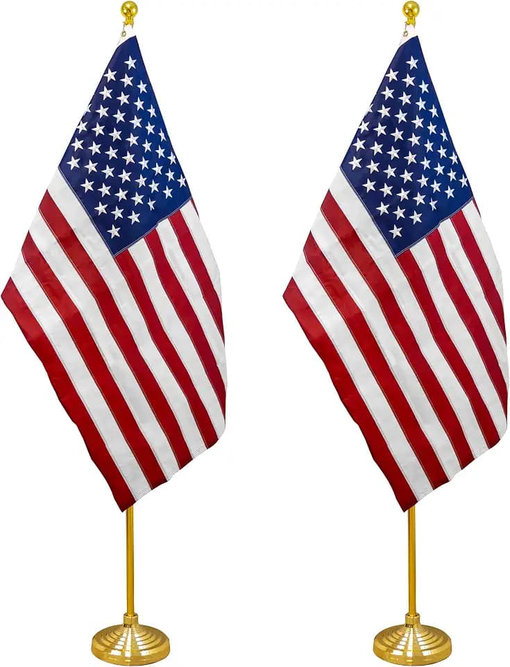 8ft Flag Pole, Gold Base & American Flag Kit - Indoor 8ft Aluminum Flag Pole for Ceremonies, Schools, Events - Bundle with Embroidered American Flag and Base - Complete Set (Gold w/Eagle - Set of 2)