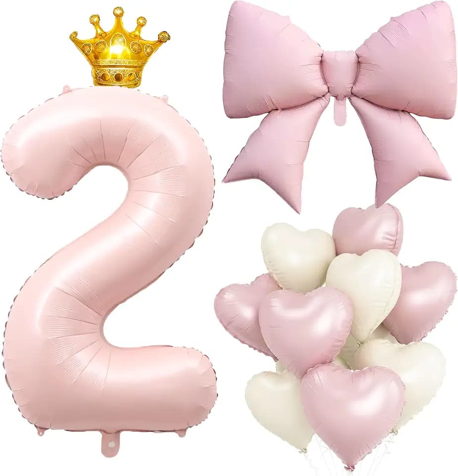 LilyZheng 2nd Birthday Decorations for Girl Boy, Pastel Pink Number 2 Foil Balloon Set with Bow, Gold Crown & Heart Balloons for 2nd Birthday Party, Baby Shower Princess Theme Decorations