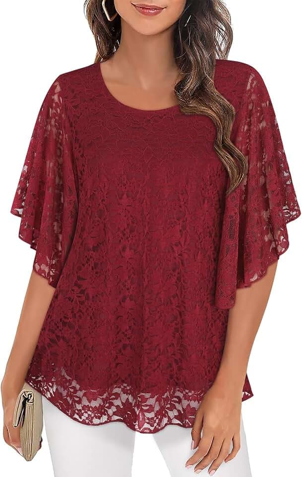 Syphiby Womens Blouses Ruffle 3/4 Sleeve Mesh Ladies Tops Chiffon Double-Layered Tunic Tops Loose Flowy Shirts