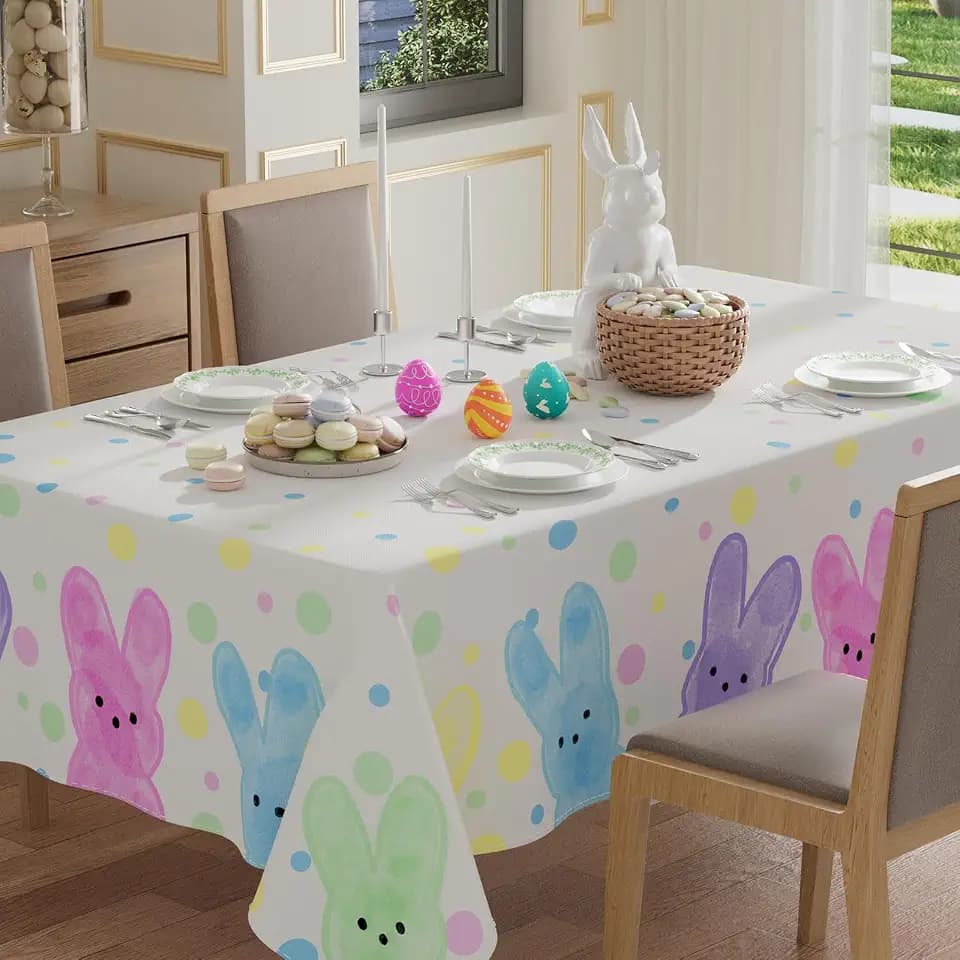 XCHI Colorful Dots Cute Bunny Watercolor Rabbits Easter Tablecloth Rectangle Table Cloth Washable Table Covers for Indoor Dining Home Party Decorations 52x70 Inch