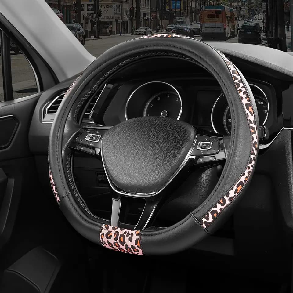 Road Comforts Steering Wheel Cover - Flat Bottom Wheel Cover Made with PVC Leather and Pink Leopard Fabric - Universal Fit for 15-Inch D-Shaped Automotive Steering Wheels (Pink Leopard)