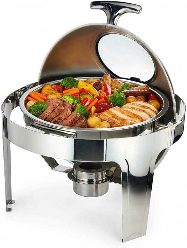 Garvee Roll Up Chafing Dishes for Buffet, 6.3 QT Round Stainless Steel Chafers and Buffet Warmers with 1 Full Size Food Pan, Water Pan & Fuel Holder for Party Catering Wedding
