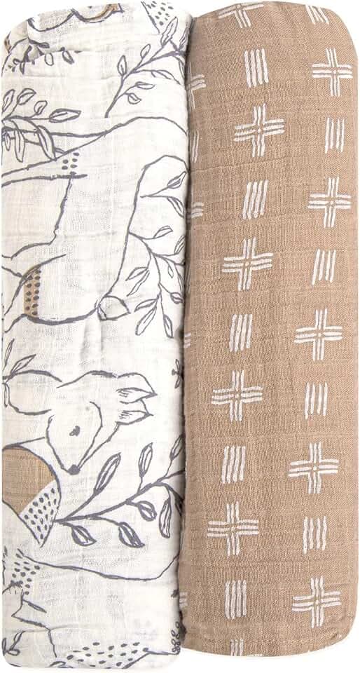 Crane Baby 100% Cotton Muslin Swaddle Blankets, Ezra Woodland Animal, Baby Swaddle Blanket, Set of 2, 47" x 47", Swaddles for Newborns, Baby Muslin Swaddle Blanket, Swaddle Blankets for Boys & Girls