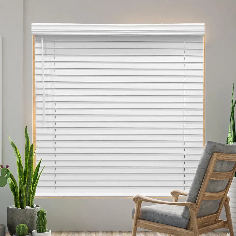 Cordless Faux Wood Blinds 45" W x 72" H, 2 Inch Slat Horizontal Windows Blinds with Crown Valance, Room Darkening, White Blinds for Home Interiors.